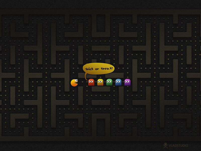 Pac-Man and Ghosts — Black, Playful, Digital Art, Maze, Speech Bubble, Yellow, Orange