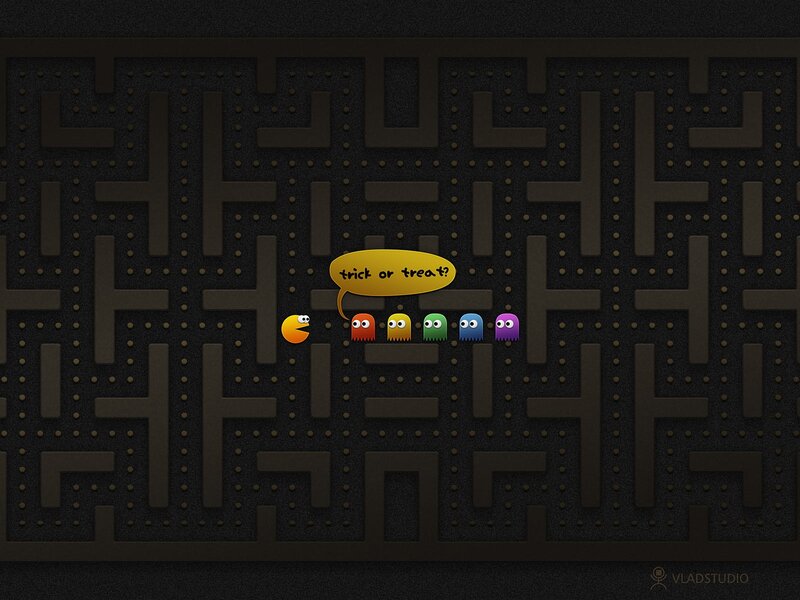 Pac-Man and Ghosts — Black, Playful, Digital Art, Maze