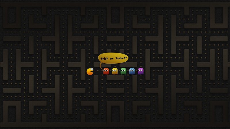 Pac-Man and Ghosts — Black, Playful, Digital Art