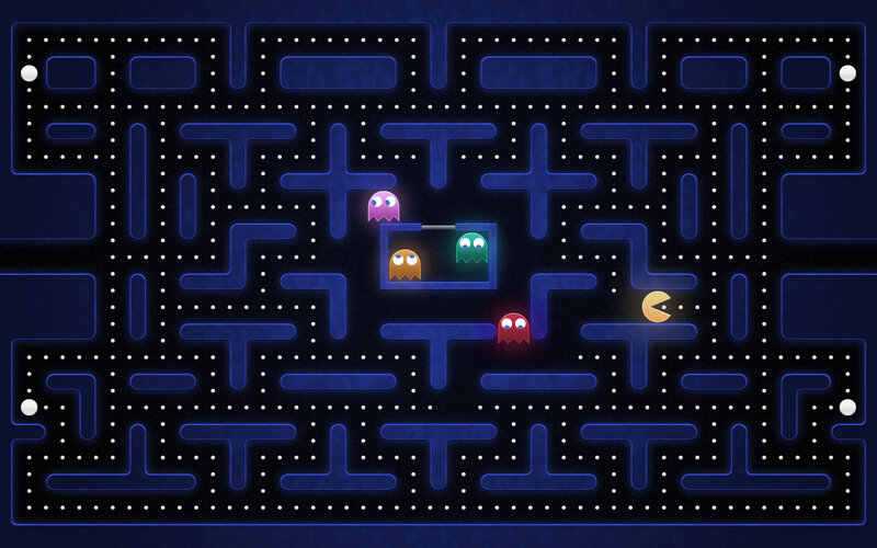 Pac-Man and Ghosts — Blue, Playful, Night, Digital Art, Maze, Dots