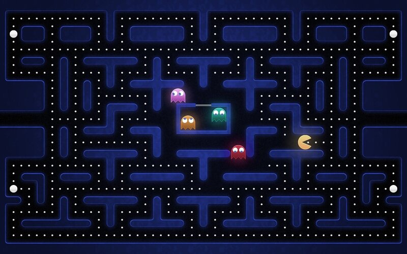 Pac-Man and Ghosts — Blue, Playful, Night, Digital Art, Maze