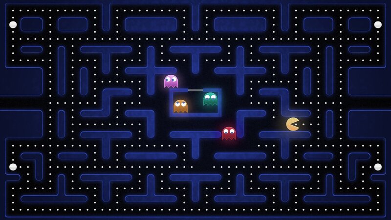 Pac-Man and Ghosts — Blue, Playful, Night, Pixel Art