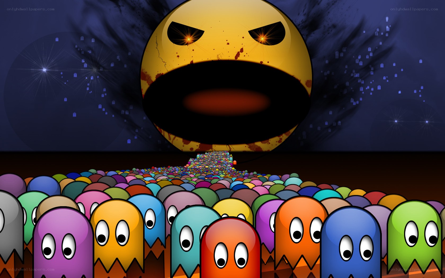 Pac-Man and ghosts in a dark scene