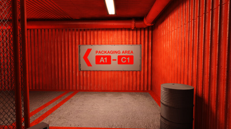 Packaging area sign in red corridor