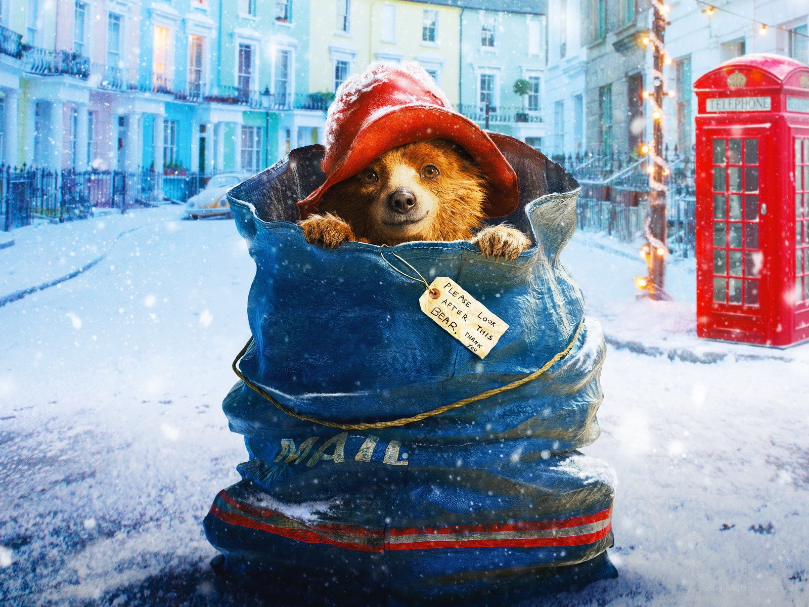 Paddington Bear in a snowy street