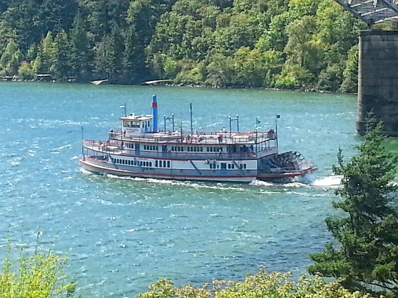 Paddlewheel Boat on River — Blue