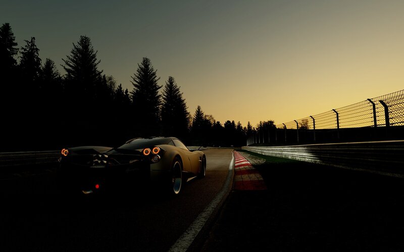 Pagani Huayra on racetrack at dusk