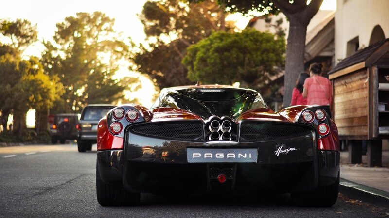 Pagani Huayra Sports Car — Black, Dramatic, Sunset, Photograph, People