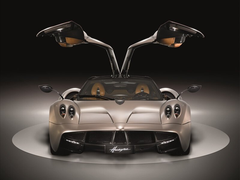 Pagani Huayra Sports Car — Silver, Dramatic, Photograph, Open Doors, Interior Seats