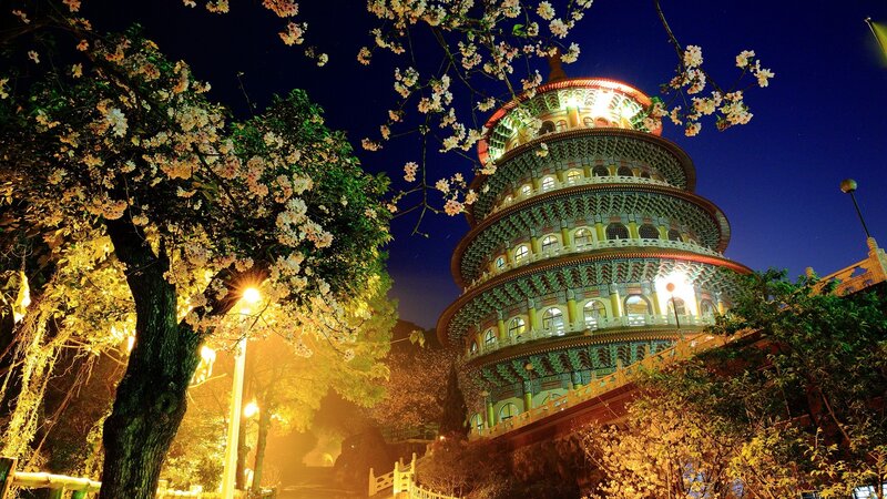 Pagoda at Night — Blue