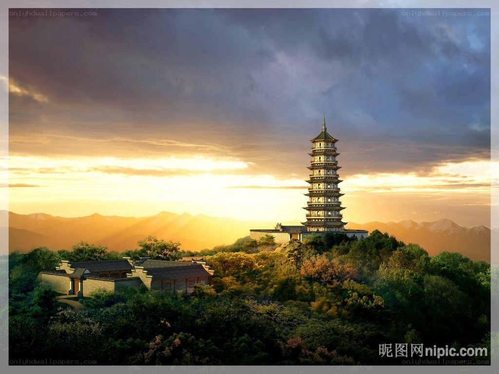 Pagoda at sunset on a hill
