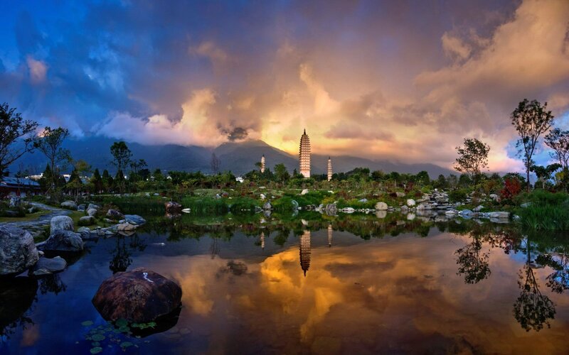Pagoda at sunset with reflection