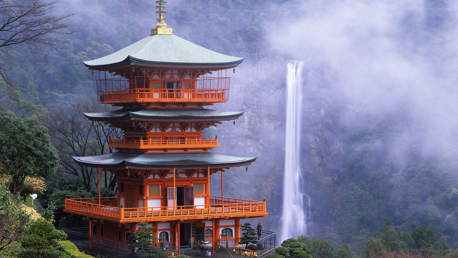 Pagoda beside a waterfall