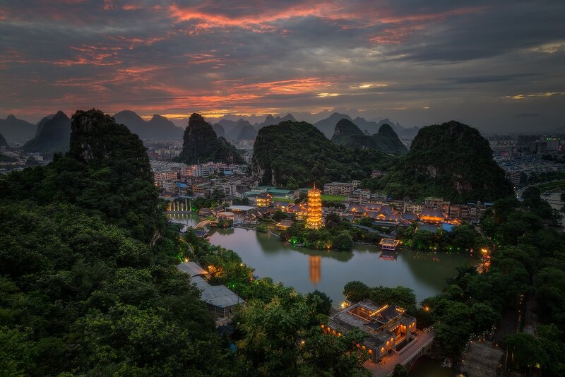 Pagoda by Lake at Dusk