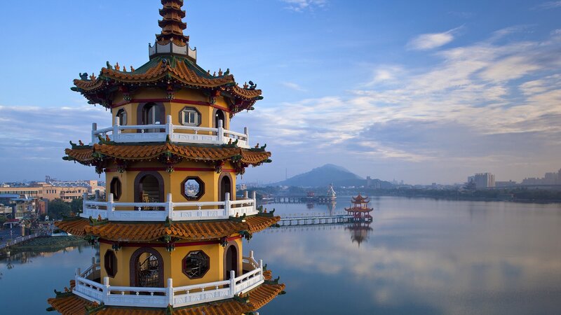 Pagoda by the lake at dawn