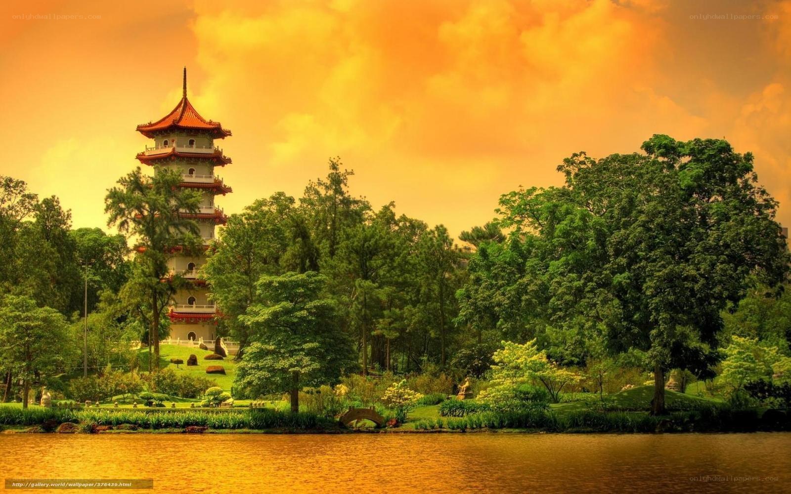 Pagoda by the lake at sunset