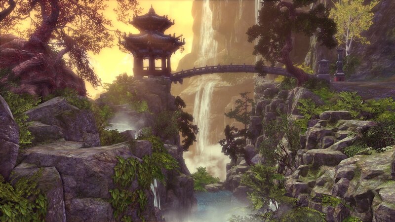 Pagoda by Waterfall