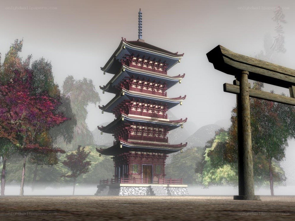 Pagoda in misty forest