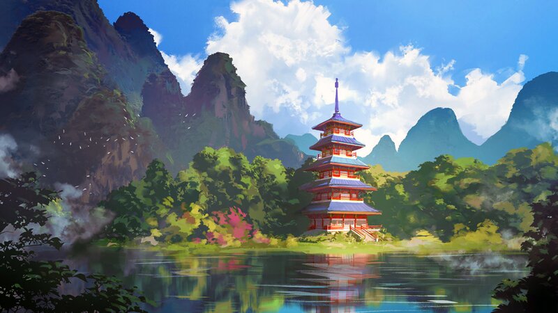 Pagoda on a Lake — Blue, Serene, Afternoon