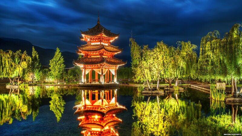 Pagoda on a Lake — Blue, Serene, Night