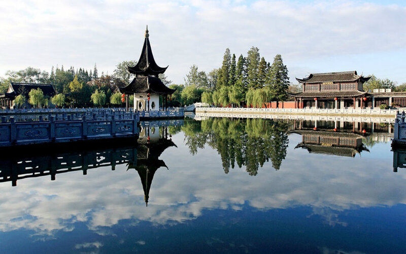 Pagoda on a Lake — Blue, Serene