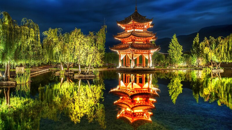 Pagoda on a Lake — Blue