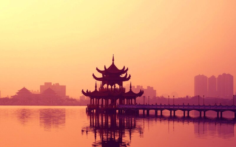 Pagoda on a Lake — Orange