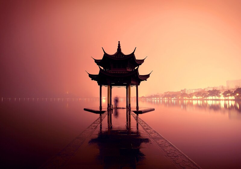 Pagoda on a Lake — Pink