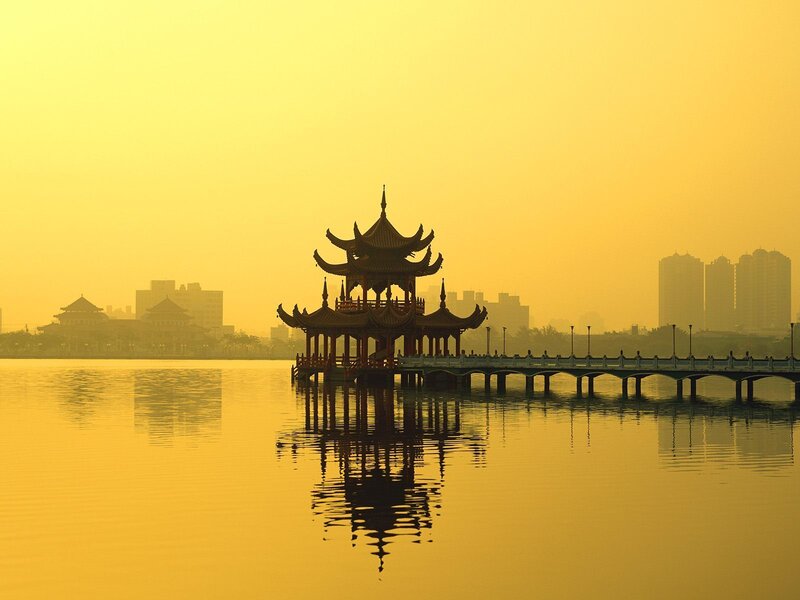 Pagoda on a Lake — Yellow