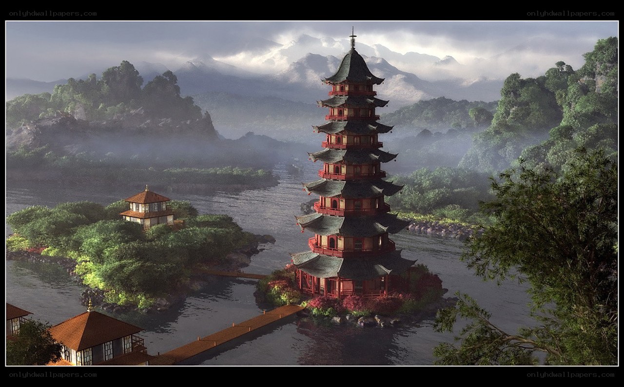 Pagoda on a misty lake