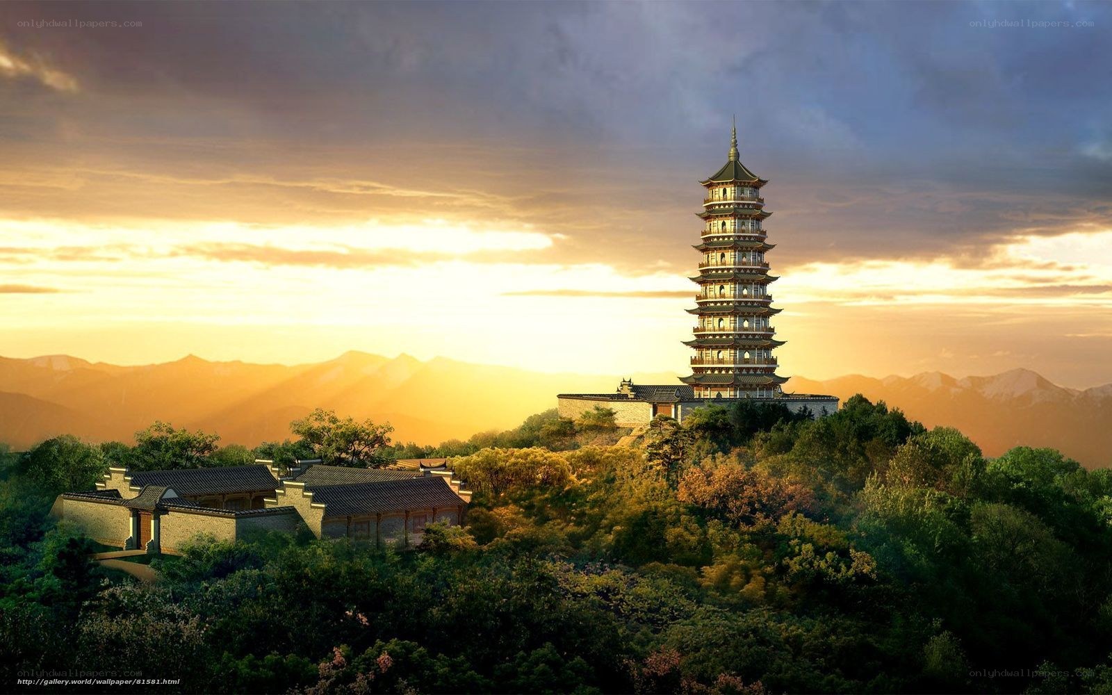 Pagoda on a mountain at sunset