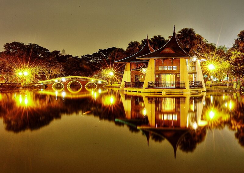Pagoda on Lake at Night
