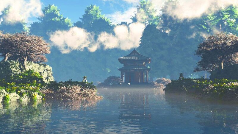 Pagoda on Lake — Blue