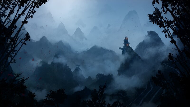 Pagoda on Mountain Peak — Blue