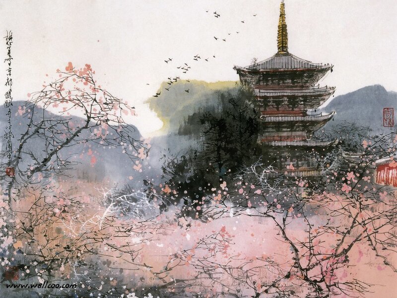 Pagoda with Cherry Blossoms
