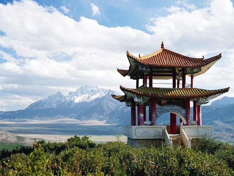 Pagoda with Mountain View — Blue