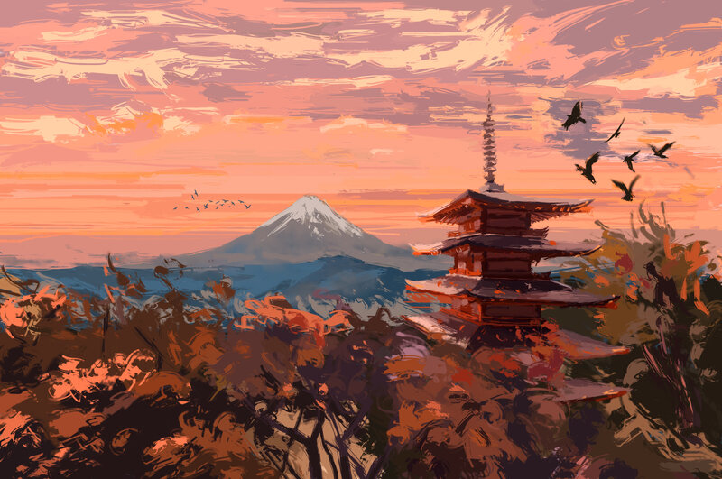 Pagoda with Mountain View — Orange