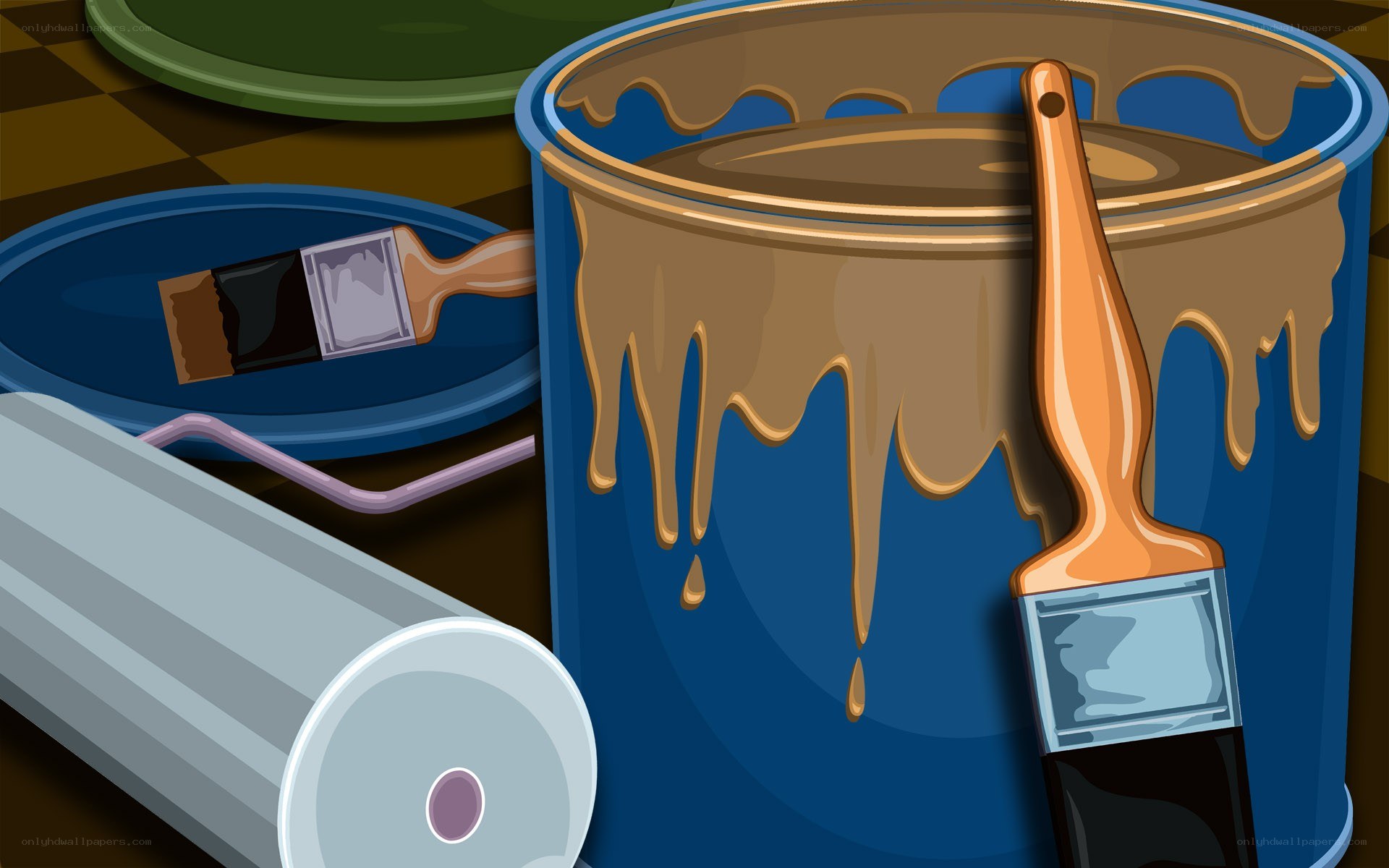 Paint can with brushes and roller