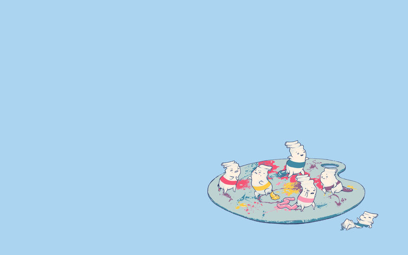 Paint-splattered creatures on a palette