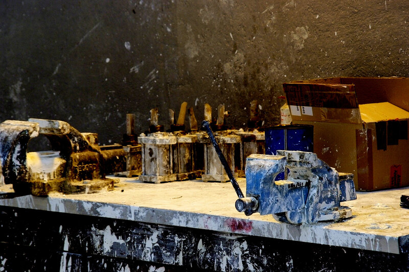 paint-splattered workshop tools