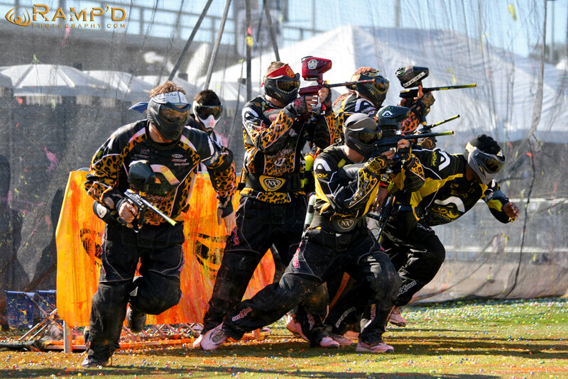 Paintball team in action