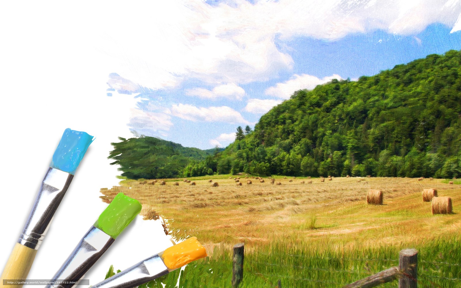 Paintbrushes creating a landscape