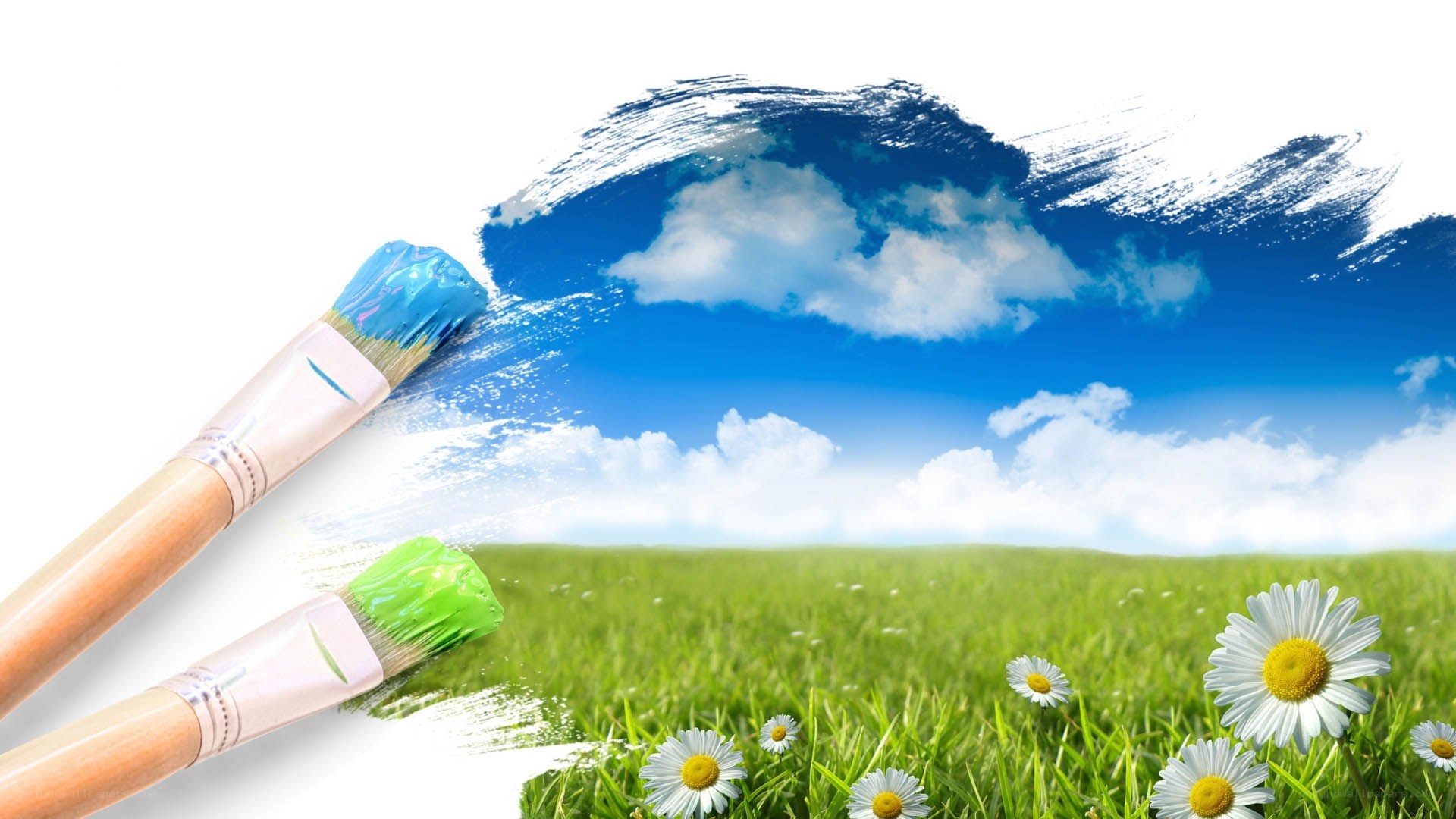 Paintbrushes creating a landscape