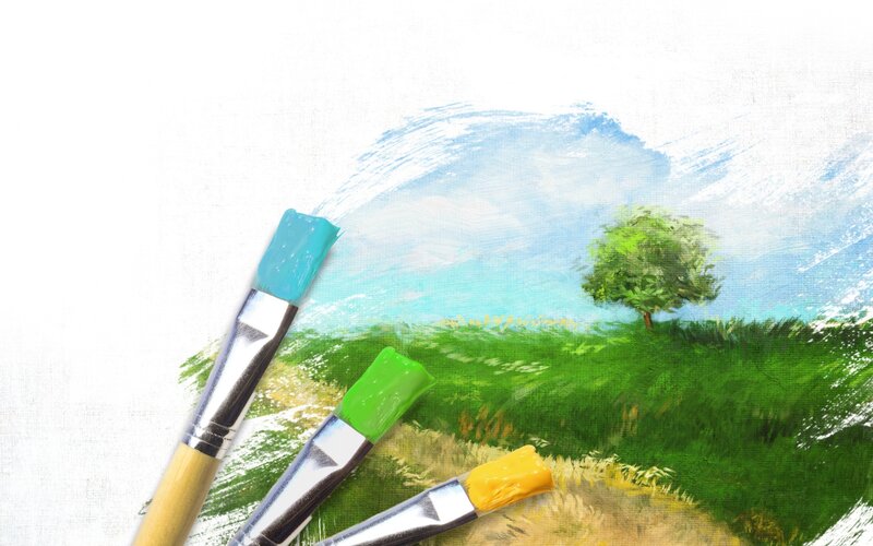 Paintbrushes on Landscape Painting — Green