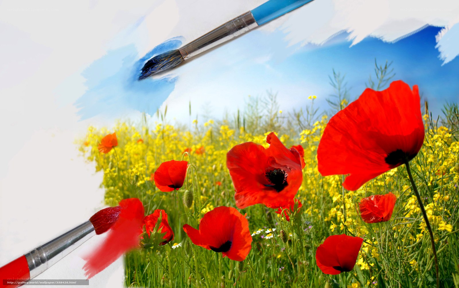 Paintbrushes painting a flower field