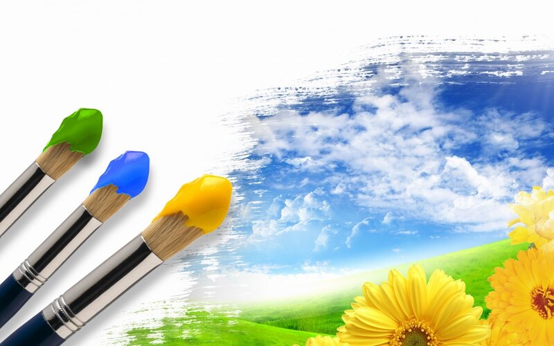 Paintbrushes Painting Landscape — Blue, Serene, Afternoon, Digital Art, Flowers