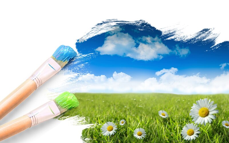 Paintbrushes Painting Landscape — Blue, Serene, Afternoon, Digital Art, Sky, Grass