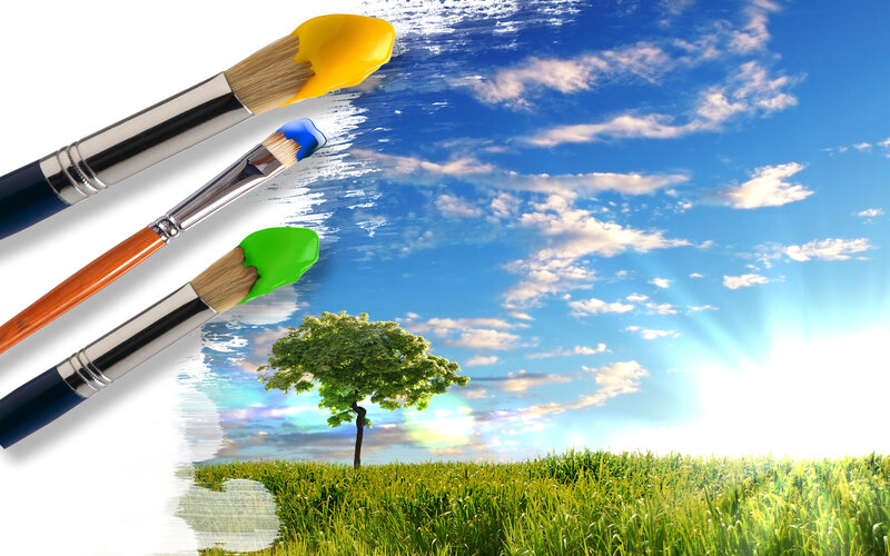 Paintbrushes Painting Landscape — Blue, Serene, Afternoon