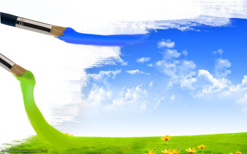 Paintbrushes Painting Landscape — Blue, Serene, Morning, Digital Art