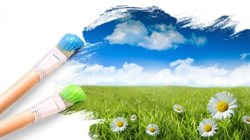 Paintbrushes Painting Landscape — Blue, Serene, Spring, Digital Art